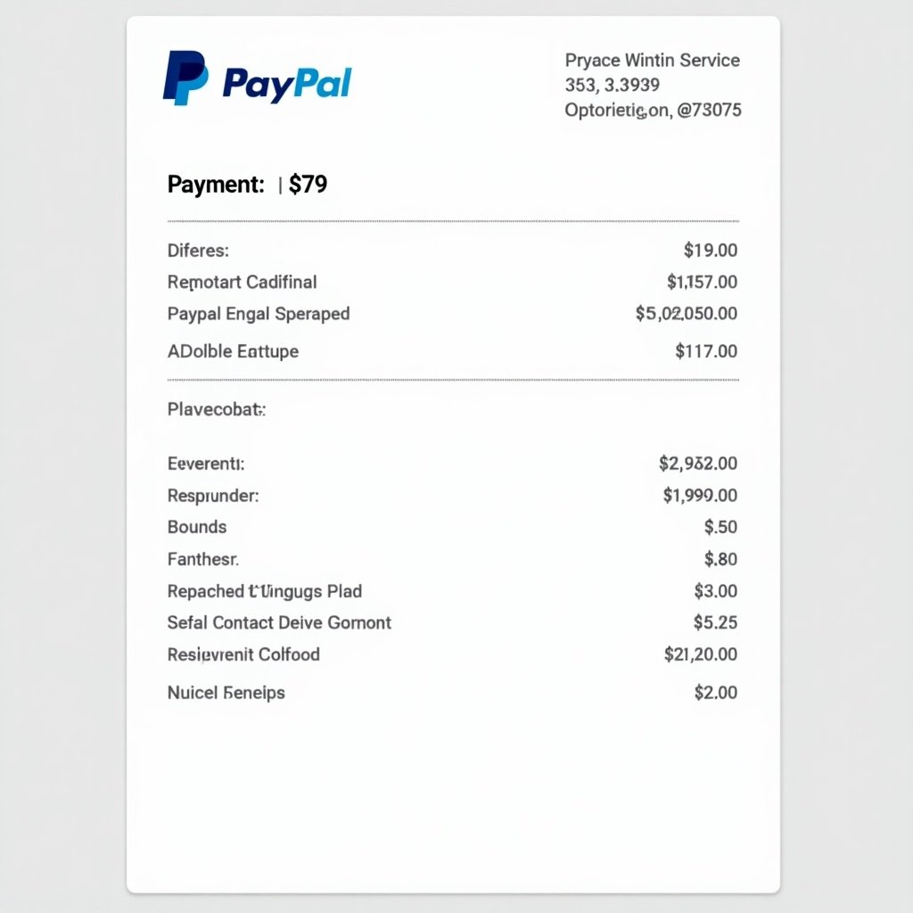 Image depicts PayPal payment receipt. Payment amount is $79. Receipt includes various items with corresponding amounts. PayPal logo is visible at the top. Contact information shows transparency for both parties. Design appears clean and professional.