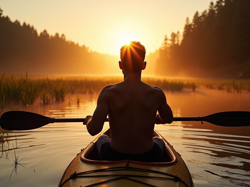 man kayaking on a lake at sunrise with scenic view