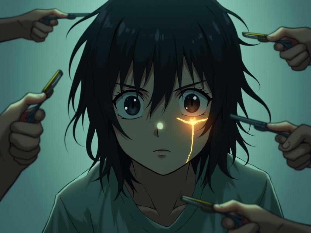 The image portrays a scene from 'The Egoist' by Takami. It features Makai, a young boy with long, disheveled hair and a cold, calculating gaze. A vertical cut on his cheek emits a dim yellow glow, adding an eerie touch. Surrounding him are floating scissors and thumbtacks, all directed towards the viewer. The overall atmosphere is charged with tension, reflecting deep emotional and psychological themes.