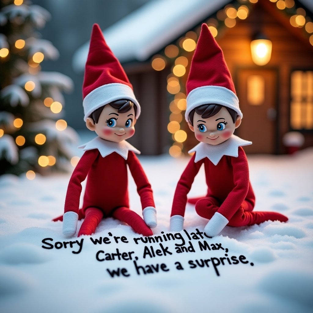 This image features two Elf on the Shelf dolls set in a picturesque winter wonderland. The elves are dressed in classic red outfits and are writing a message in the snow that reads 'Sorry we're running late Carter, Alek, and Max, we have a surprise'. Behind them, there is a cozy cabin adorned with decorative lights, creating a warm atmosphere. The snowy backdrop adds a charming touch, enhancing the magical feel of the holiday season. The expressions on the elves' faces are filled with playfulness and joy, capturing the whimsical spirit of Christmas. Overall, this enchanting scene evokes warmth and festive cheer.