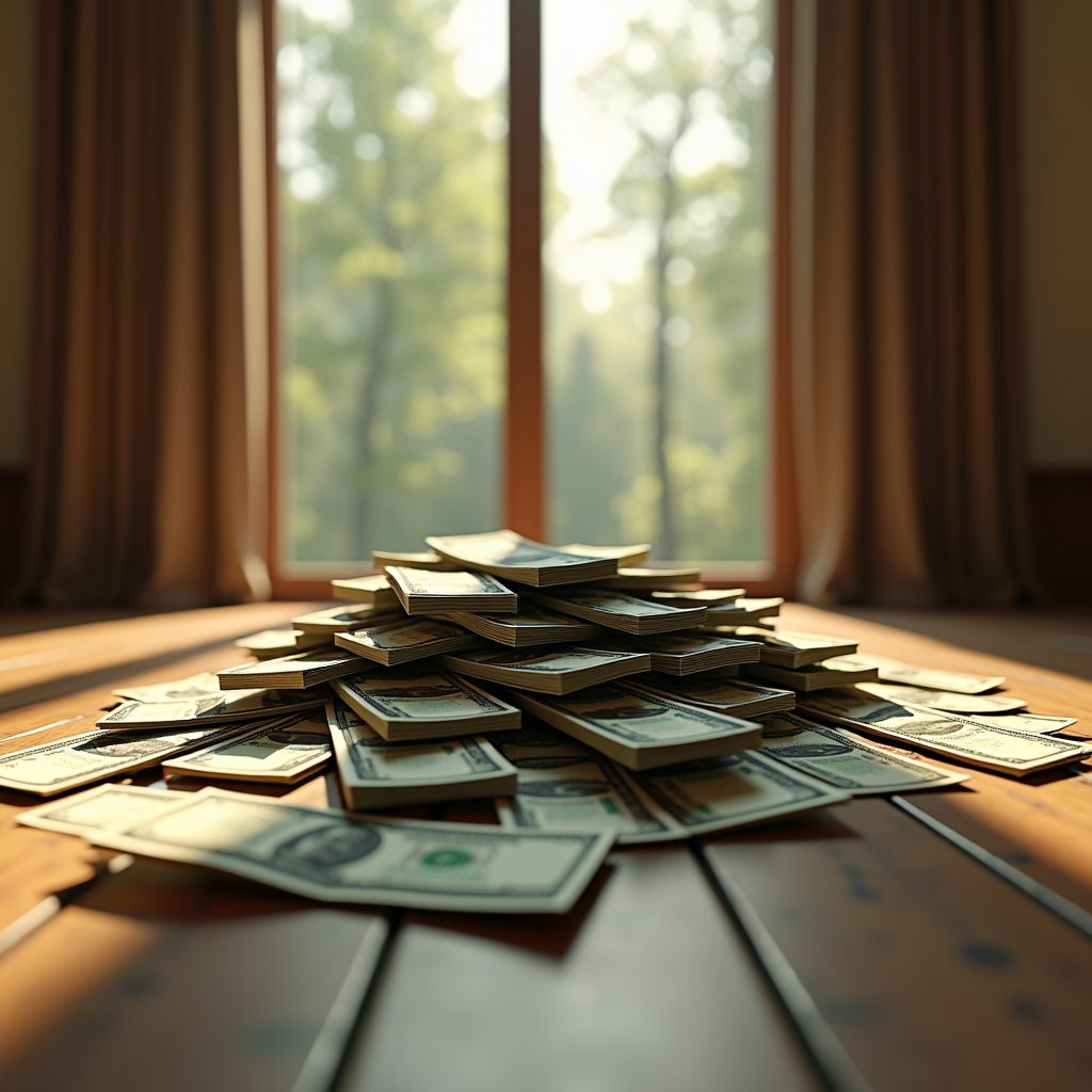 A pile of US dollar bills is spread across a wooden floor, illuminated by sunlight streaming in through large windows with a view of trees.