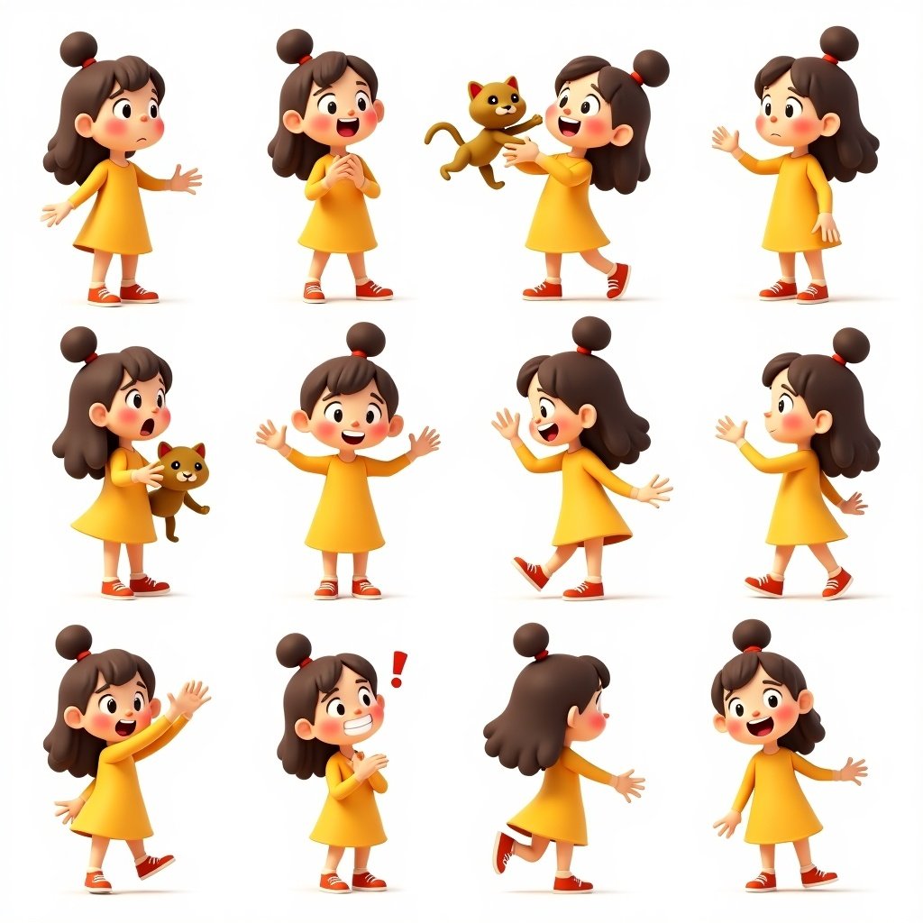 3D cartoon character of a young girl in a yellow dress. Hair styled up to waist. Various expressive poses reflect movement and liveliness. Character shows excitement, confusion, fear, and curiosity, holding a cat. Visual theme is bright and cheerful, tailored for children's media.