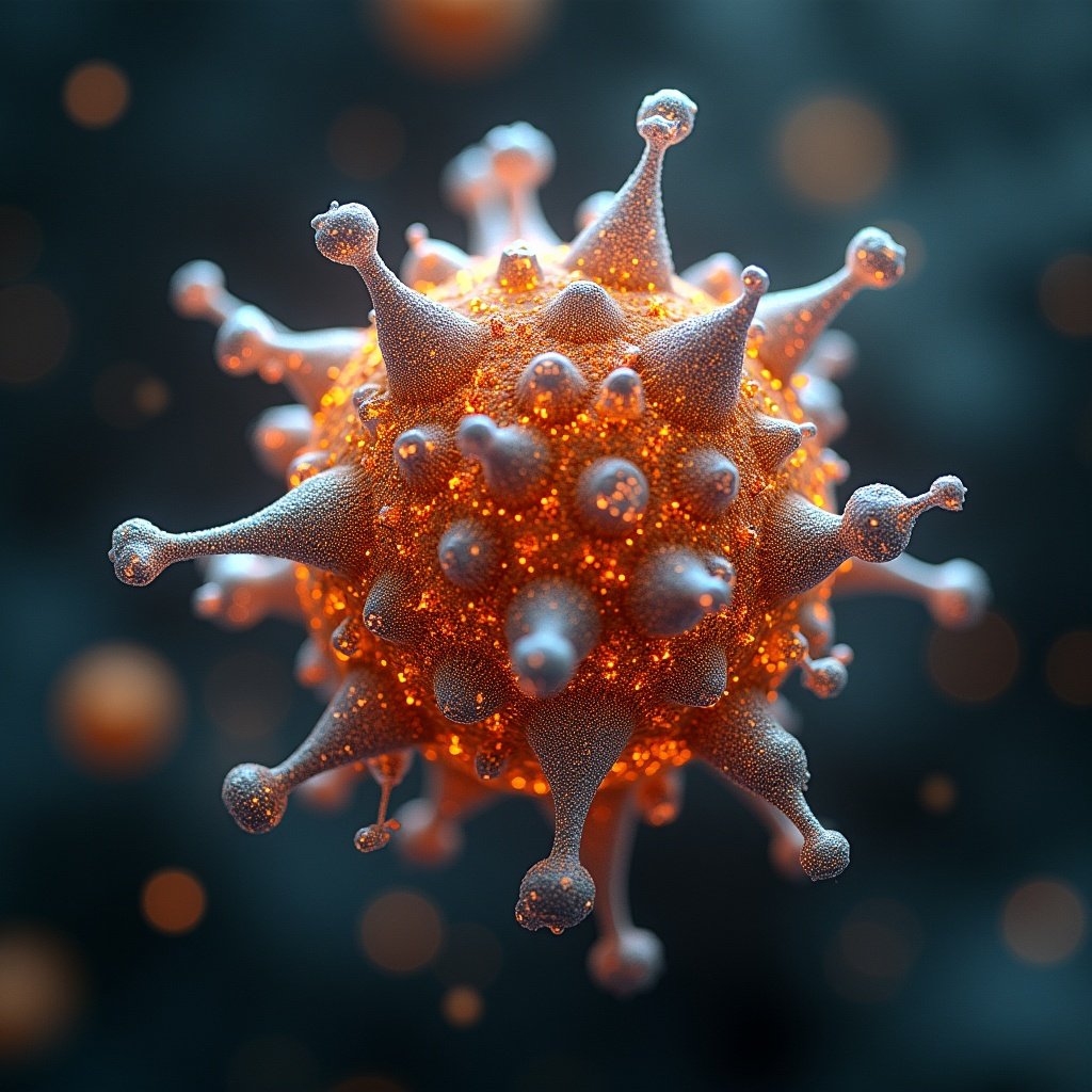 Close up of a virus structure. Features spikes and surface texture. Illuminated in orange and blue tones. Appears in a dark background. Focused on scientific representation.