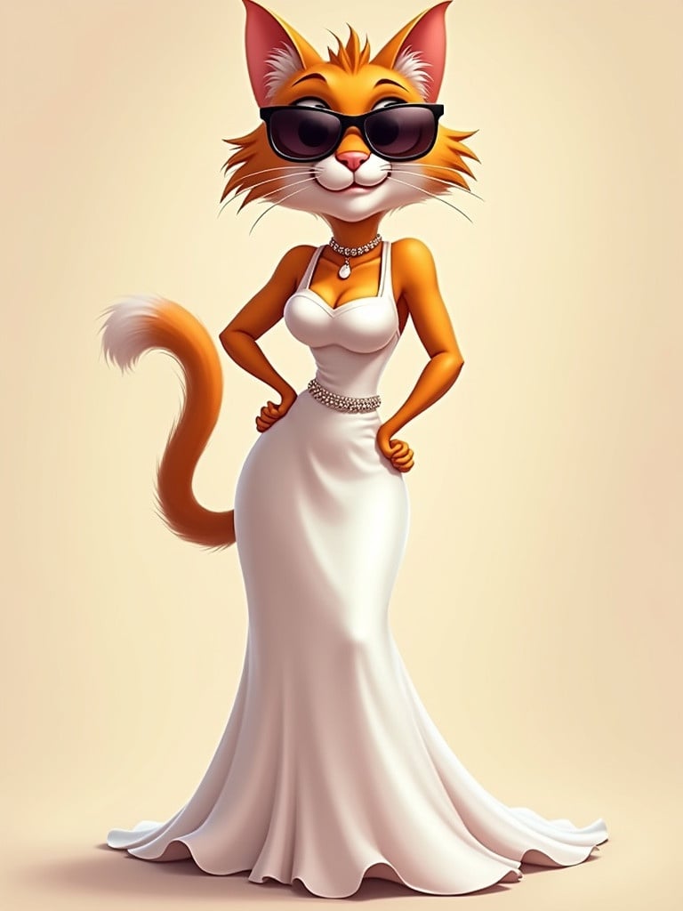 Cartoon character of a female cat in a bridal gown. Cat wears sunglasses. Character shows confidence. Full body pose.