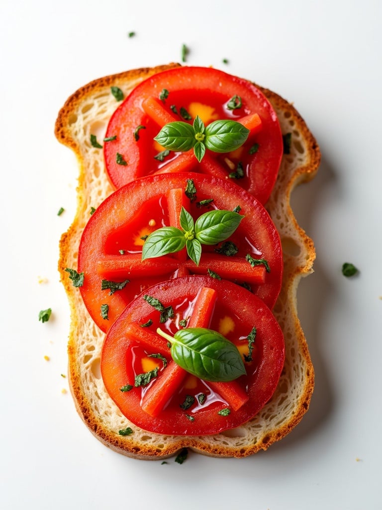 Food photography of bruschetta with tomatoes and basil on bread. Four slices of bread topped with 80 grams of cherry tomatoes. Solid background.