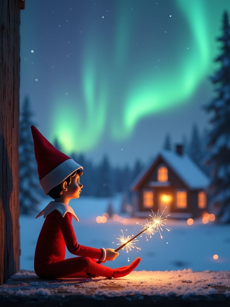 Elf sits on shelf with back to viewer. Elf gazes skyward holding glowing wand. Colorful northern lights illuminate the night sky. Cozy house visible in the distance covered in snow. Elf embodies Christmas magic and wonder. Names appear in the air from the wand.