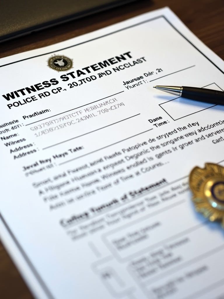 Document titled as witness statement on a wooden desk. The statement has a police badge at the top. A pen lies next to the document. The background is slightly blurred. Details like dates and names are incomplete.