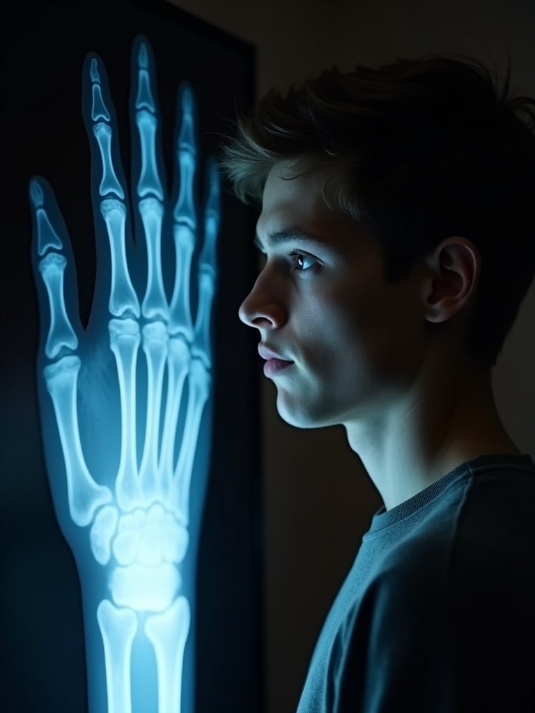 Image features a profile view of a young man standing beside a bright x-ray of a human hand. X-ray showcases clear bone structure. Subject appears thoughtful, indicating a connection with the medical image. Soft lighting creates contrast between the subject and x-ray, emphasizing the anatomy.