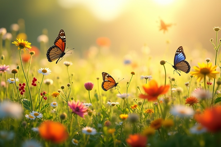 A vibrant field of grass filled with wildflowers and butterflies. Warm sunlight creates a soft glow in the background. Daisies, poppies, and sunflowers bloom. Butterflies with blue and orange wings flutter around. A dreamy, ethereal atmosphere is present.