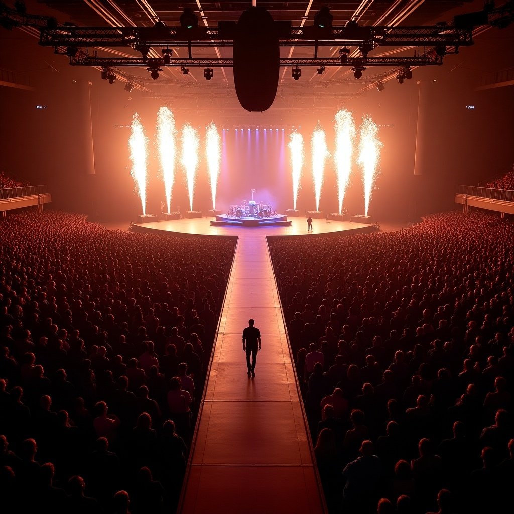 Drone view of a concert stage with a runway. Pyrotechnics light up the scene. Audience fills the arena. Energy and excitement in the atmosphere.