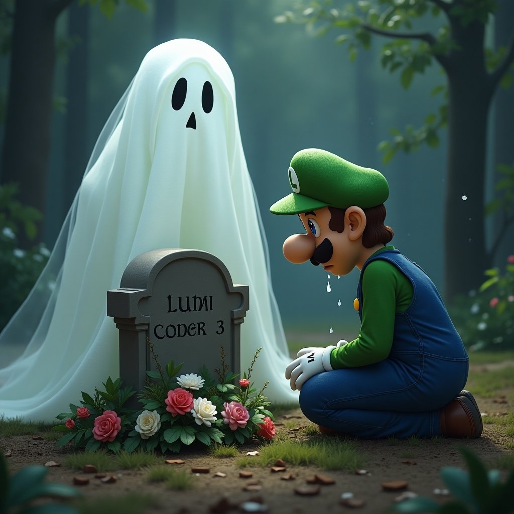 Luigi is sad and kneeling. A ghost represents Mario standing beside him. Flowers surround a grave. A somber mood is present in the scene.