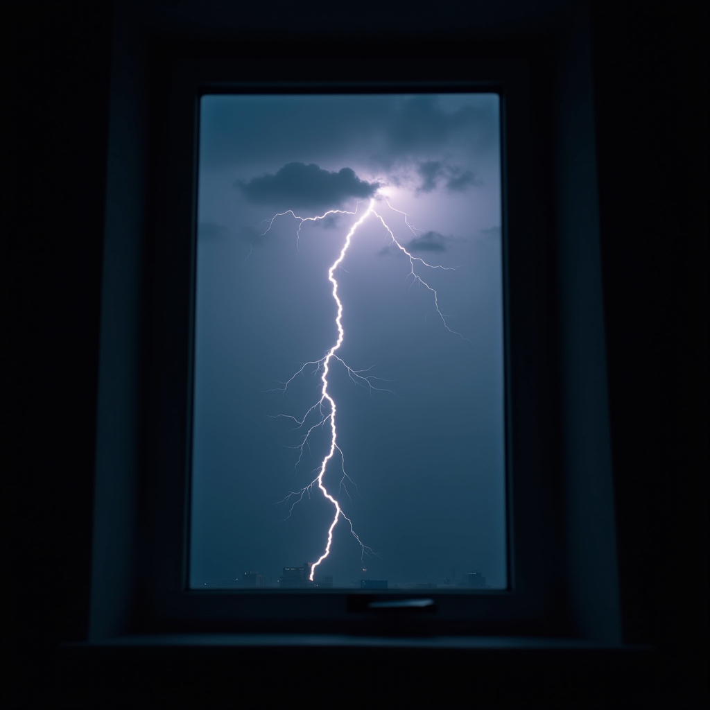 A bright lightning bolt captured through a window against a stormy sky.