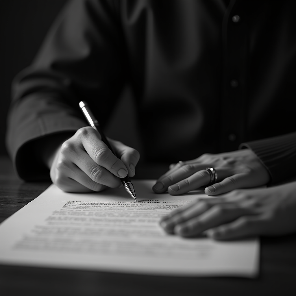 A person in a dark shirt is signing an important document with a pen on a table.