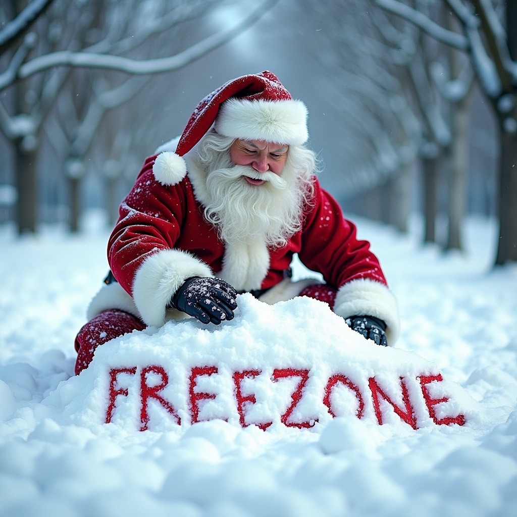 Santa in a red suit writes the word 'FREEZONE' in the snow. The setting is snowy with trees in the background.