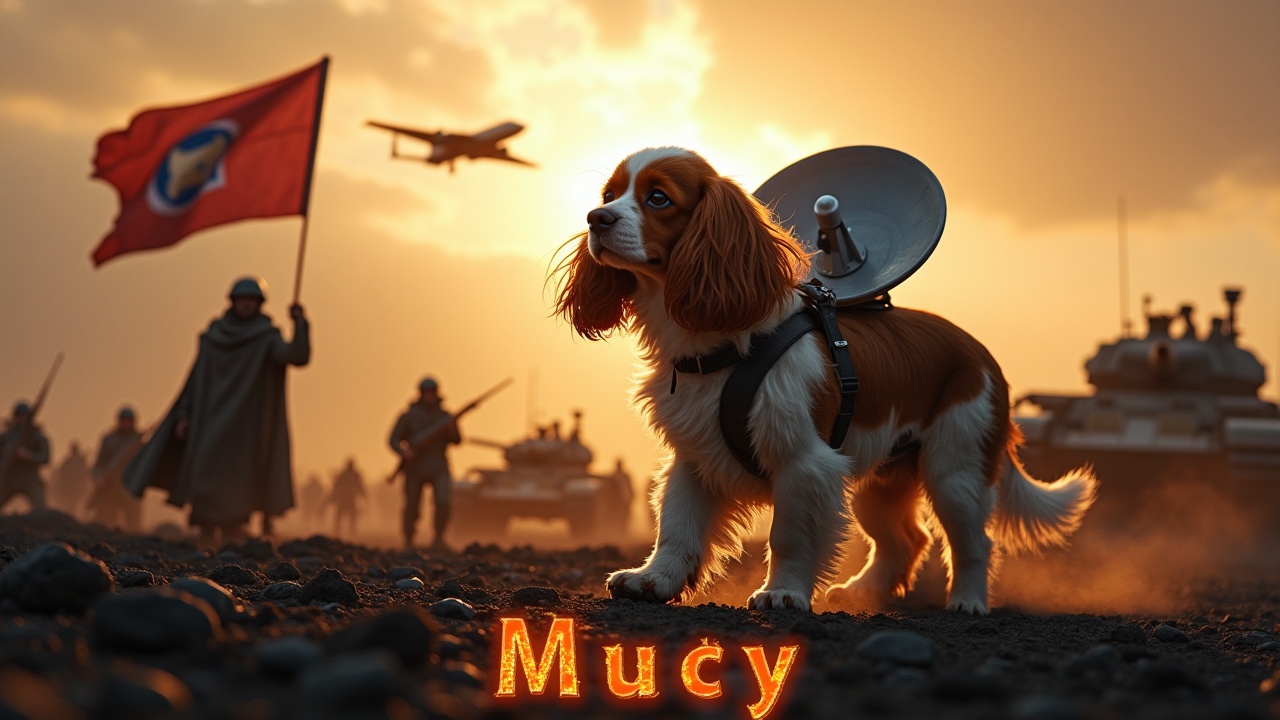 In a dramatic and awe-inspiring scene, a fluffy brown and white cavalier king charles spaniel walks across a dark, desolate battlefield. There is a radar dish strapped to its back. Nearby, a figure wearing a cloak stands valiantly holding a flag with a dog emblem. In the background are a multitude of small soldiers holding rifles as well as tanks, barely visible among the shadows. The sky is lit by the bright radiance of the sun. A jet fighter passes overhead. At the bottom, we see the text 'Mucy' boldly displayed, in fiery writing.