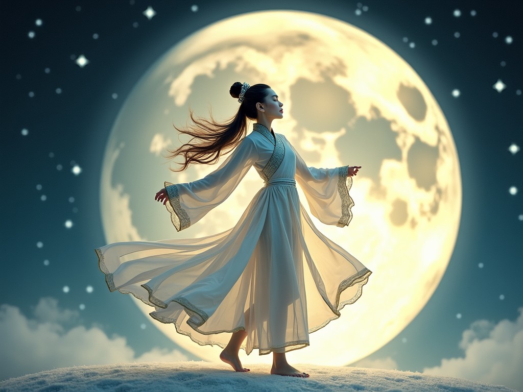 A graceful figure in flowing, traditional attire dances beneath the luminous glow of a full moon, set against a star-studded night sky. Her posture exudes elegance and confidence, with fabric swirling around her in a majestic fashion. The moon provides a soft backlight, accentuating her silhouette and creating an ethereal atmosphere.