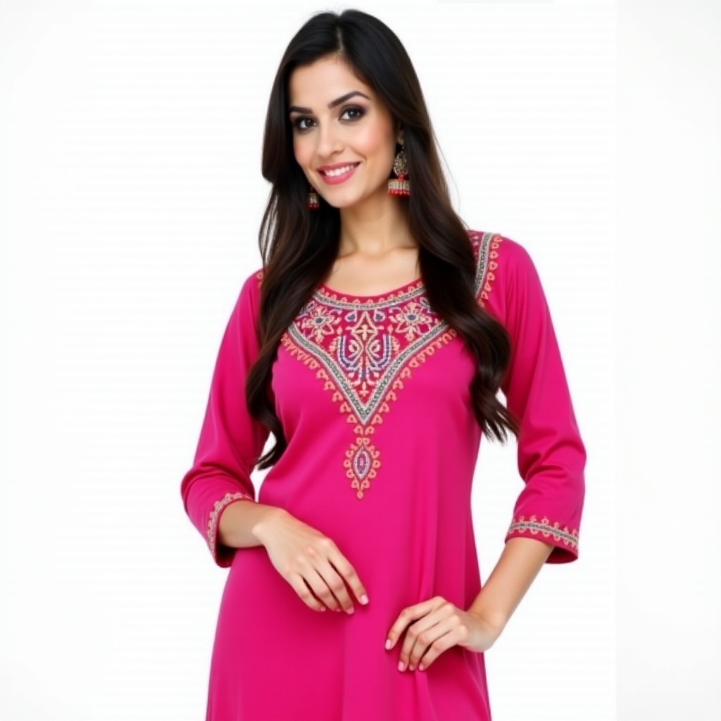 A woman in a vibrant pink traditional tunic with intricate embroidery poses relaxed against a white background. The tunic showcases detailed craftsmanship and elegance. She has long dark hair that complements the garment's richness.