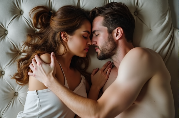 A close-up of a couple gently embracing while resting on a tufted sofa.