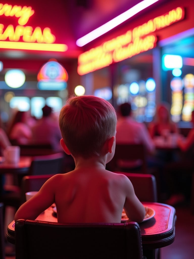 Shirtless toddler boy in highchair looking at bright neon lights in Las Vegas restaurant. Adults seated around him are focused on their meals and celebrations ignoring him. A sense of neglect and abandonment is evident.