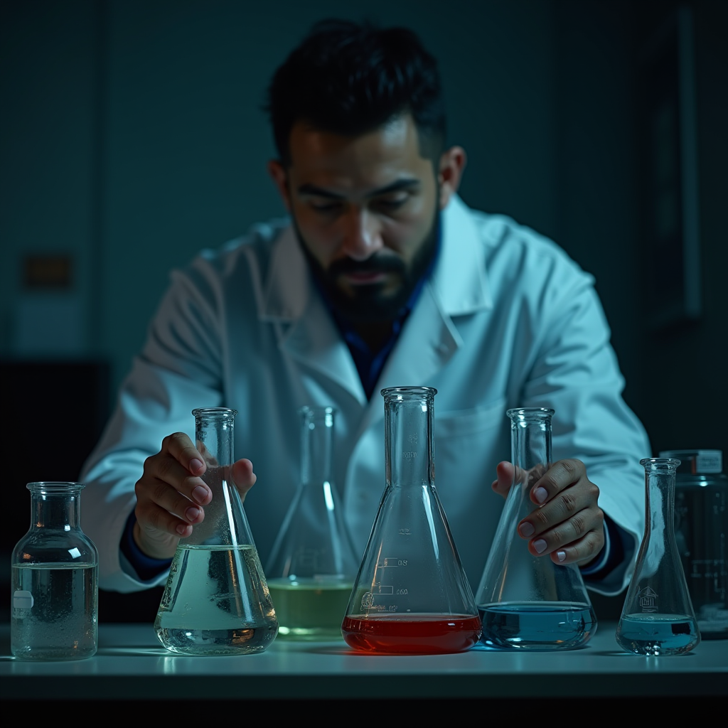 A scientist in a lab coat conducting experiments with colorful liquids in glass beakers.