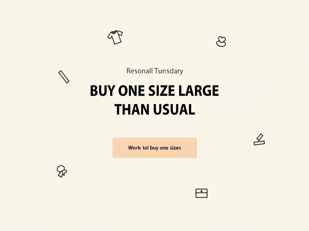 This image features a promotional statement encouraging customers to buy clothing one size larger than usual. It has a light cream background, with the key message displayed prominently in bold black text. Below the main text, there is a soft peach button that says 'Work to buy one sizes'. Surrounding the text are playful line icons relevant to clothing and shopping. This design is intended to attract attention and convey a lighthearted tone.