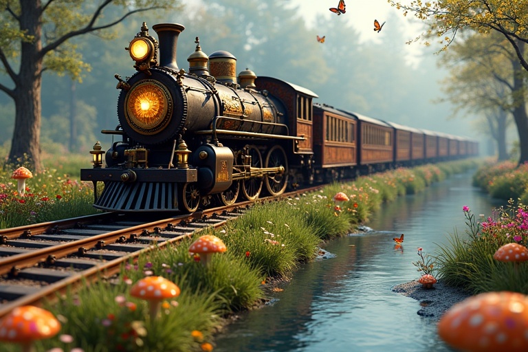 Steampunk-style train scene displayed in a tranquil environment. Train rides on curved tracks near a serene river. Surrounding meadow filled with colorful wildflowers and lively mushrooms. The train features elaborate metalwork; steam pipes, gears, and clock hands are notable design elements. Ornate decorated doors and brass wheels that glow softly in sunlight are highlighted. Clusters of wildflowers thrive along the tracks, with butterflies fluttering and charming mushrooms glowing faintly. The ambient light enhances the charming atmosphere.