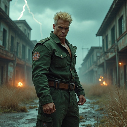 Guile depicted in a hyper-realistic style inside an abandoned military base. Stormy sky with lightning. Serious expression and powerful stance. Spiky hair and worn military jacket.