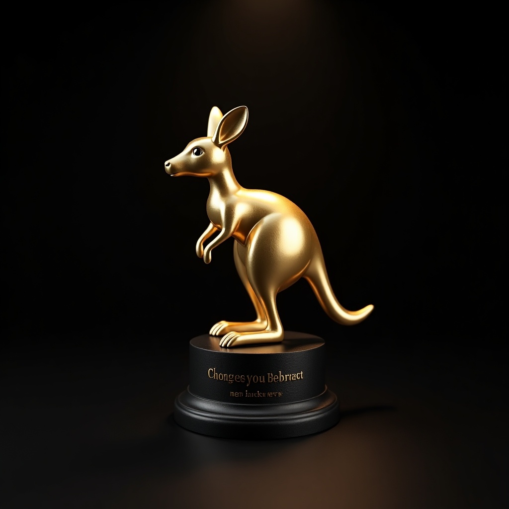 Kangaroo trophy with a glossy golden finish displayed on a black pedestal. The background is dark emphasizing the shiny details of the trophy.