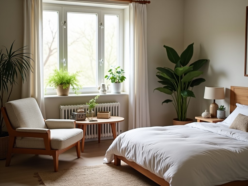 The image depicts a cozy bedroom designed for relaxation. A neatly made bed with white linens is placed on the right. On the left, there is a comfortable chair and a small table alongside various decorative pieces. Large plants are positioned near the window, adding a touch of greenery to the space. The room is filled with soft, natural light, creating a warm ambiance. The overall aesthetic is simple yet inviting, perfect for a restful retreat.