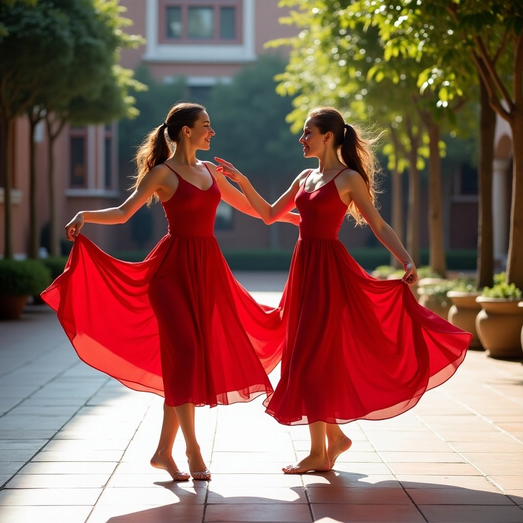 Two dancers perform in a sunlit courtyard wearing red dresses.