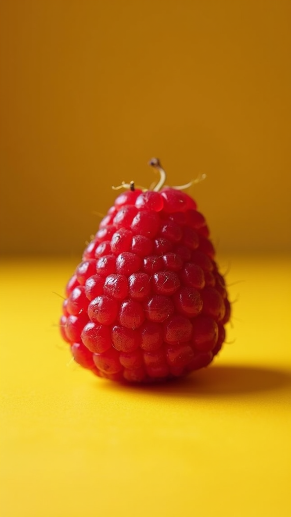 A single red raspberry sits on a vibrant yellow background.