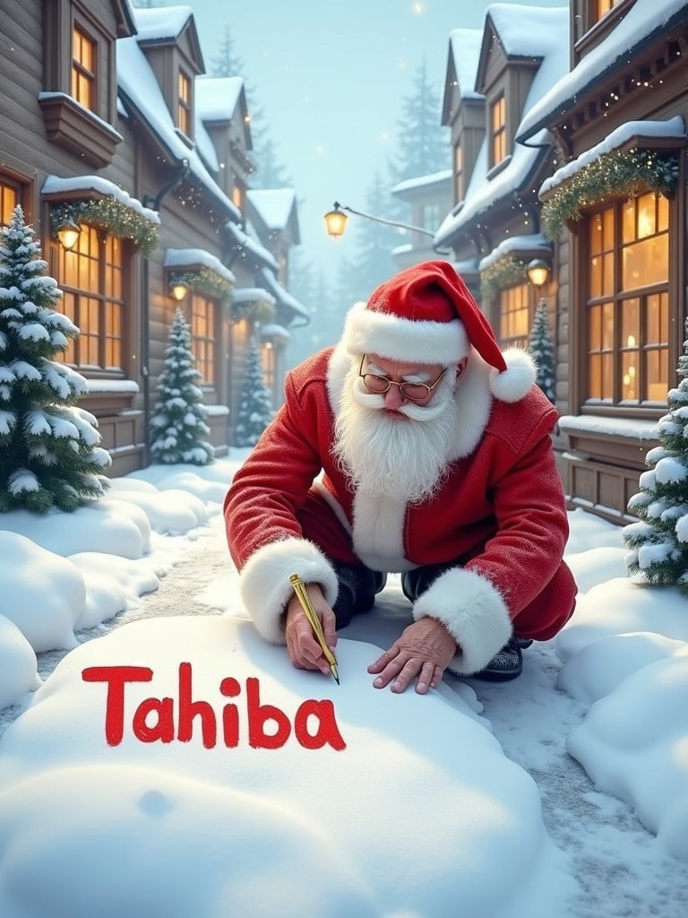 Santa Claus writing names in the snow. Traditional red and white clothing. Snowy street with charming buildings. Soft winter light gives cheerful holiday vibe.