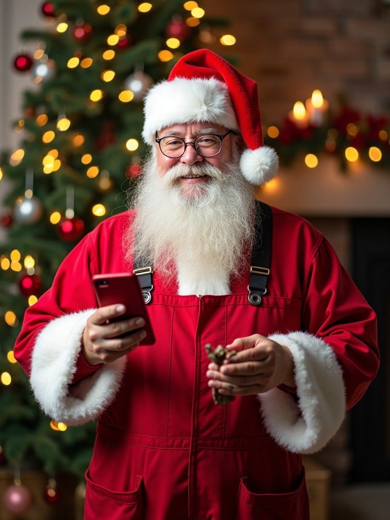 A festive poster features Santa Claus as a mobile repair technician. Santa wears red overalls and a Santa hat while holding a smartphone. The background has a decorated Christmas tree that creates a joyful atmosphere.