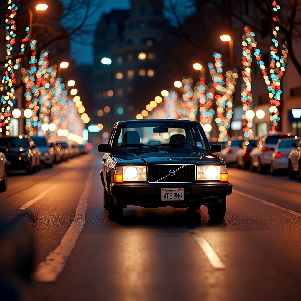 Volvo 240 sedan driving through a street illuminated by colorful Christmas lights