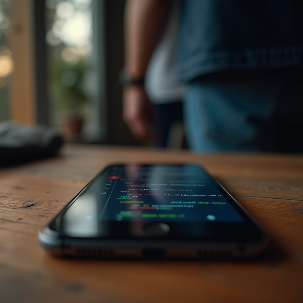 A smartphone displaying code is placed on a wooden table with a blurred person standing in the background.