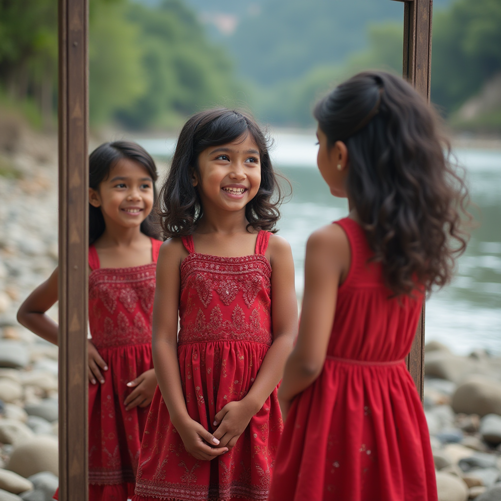 A young girl in a red dress smiles at her reflection in a mirror by a riverbank.