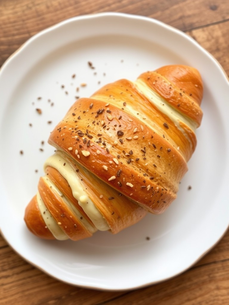 A perfectly baked croissant filled with cream and sprinkled with seeds on a white plate.