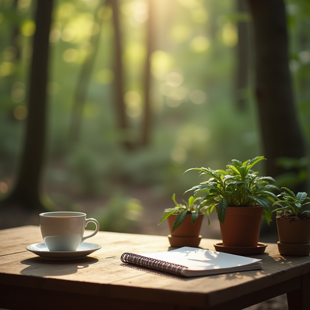 A peaceful scene with a cup of coffee, a notebook, and potted plants on a wooden table in a sunlit forest.