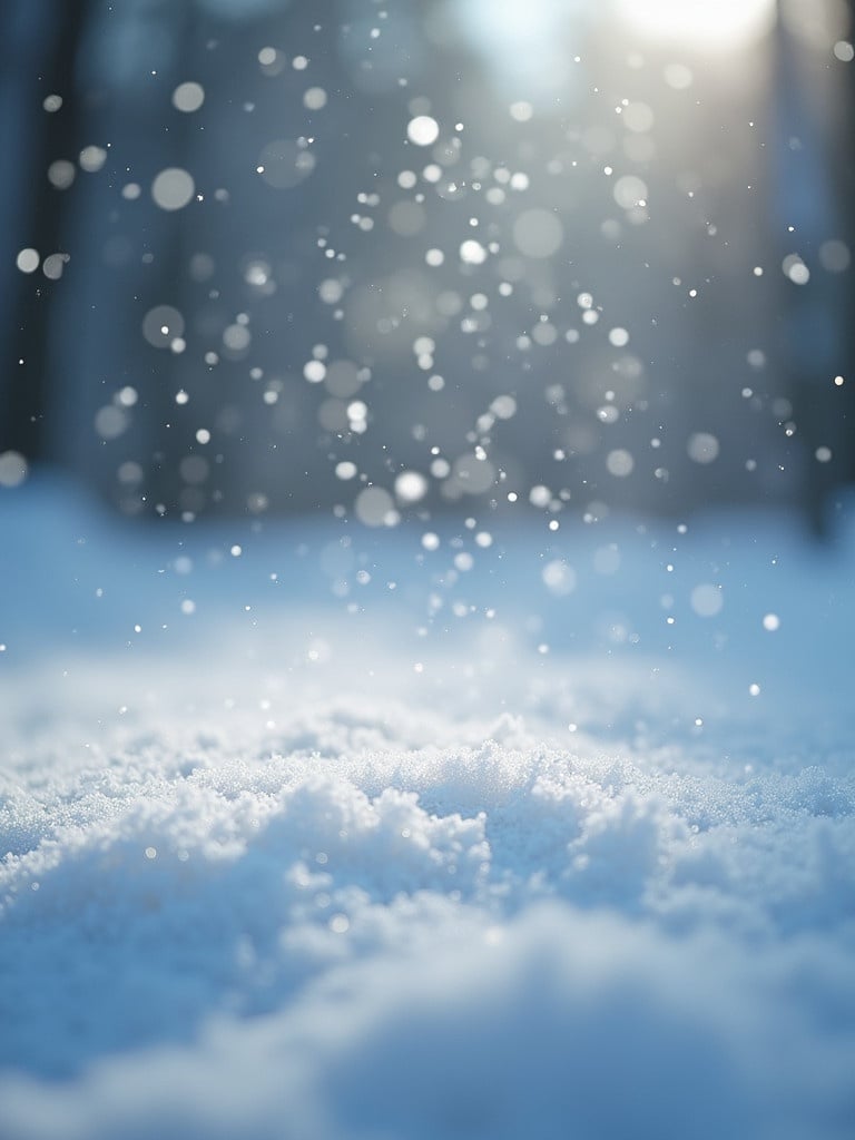 Photo shows close-up view of ground covered in fresh snow. Snowflakes are gently falling from the sky. The lighting is soft and diffused to create a winter setting. A film effect adds a unique artistic quality.