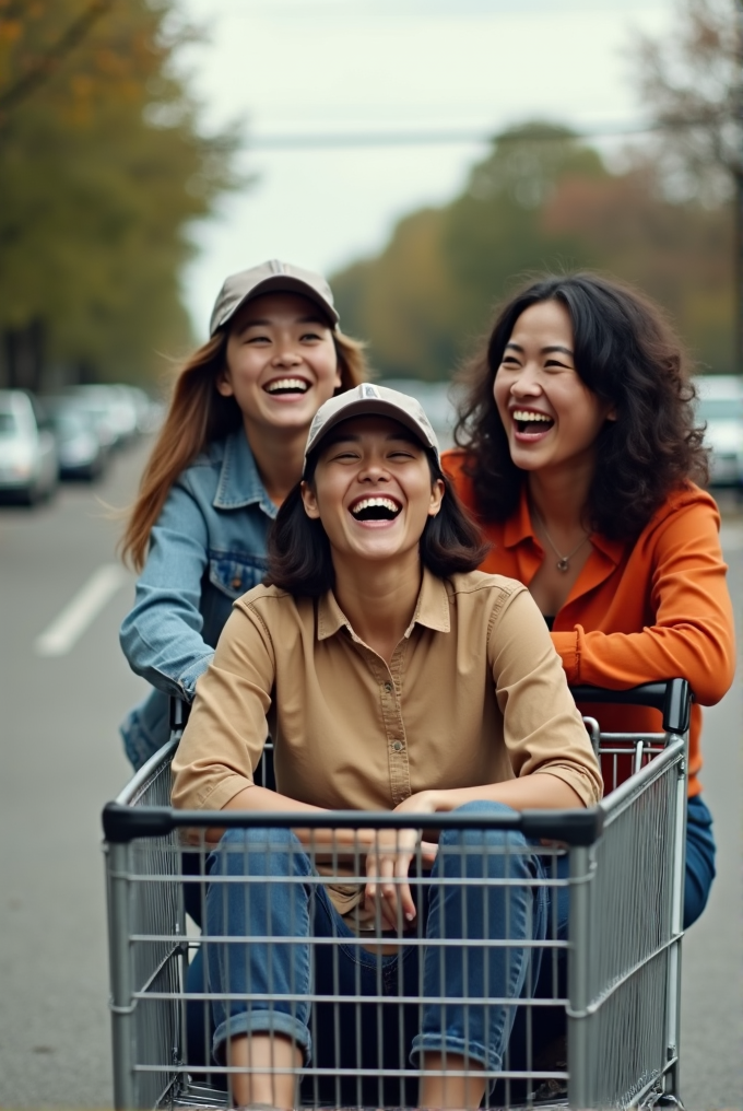 Three women are laughing joyfully as they sit and ride in a shopping cart on a tree-lined street.