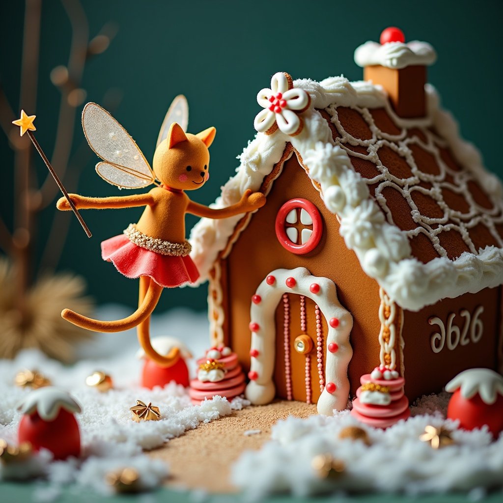 Gingerbread house scene featuring a fairy writing the name Kat with a wand. The scene includes a whimsical gingerbread house decorated with icing and candy, surrounded by festive elements. The fairy appears joyful and magical as it interacts with the house.