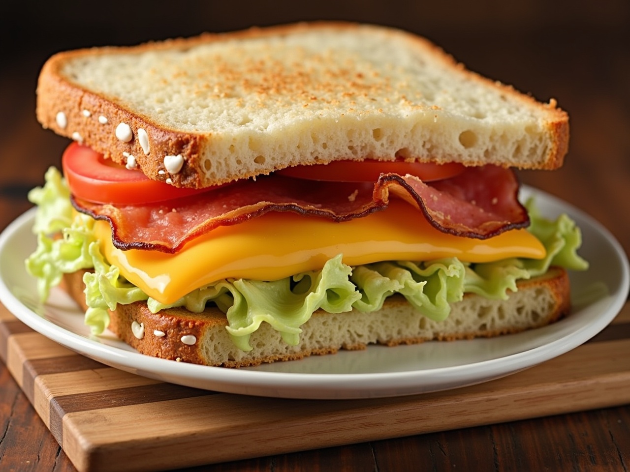 This image showcases a delicious sandwich stacked with layers of fresh ingredients. The bottom layer features crisp iceberg lettuce, followed by a slice of melted cheese. Above that, there are several slices of bacon, perfectly cooked to a crispy finish. On top of the bacon, you can see vibrant slices of ripe tomato. The sandwich is neatly arranged between two slices of toasted bread, highlighting its appealing textures. It invites viewers to enjoy a tasty meal, perfect for breakfast or lunch.