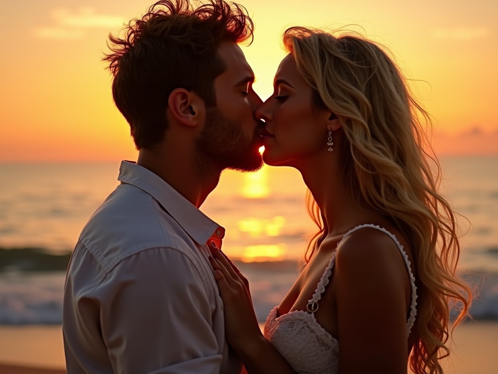 A romantic scene of a couple kissing at sunset, highlighting their intimate connection. The man has dark, tousled hair, while the woman has flowing strawberry blonde hair. Their profiles are silhouetted against a beautiful sunset, creating a warm and inviting atmosphere. The ocean waves gently lap at the shore behind them, enhancing the romantic setting. This image is perfect for an erotic romance book cover, capturing the essence of love and passion.