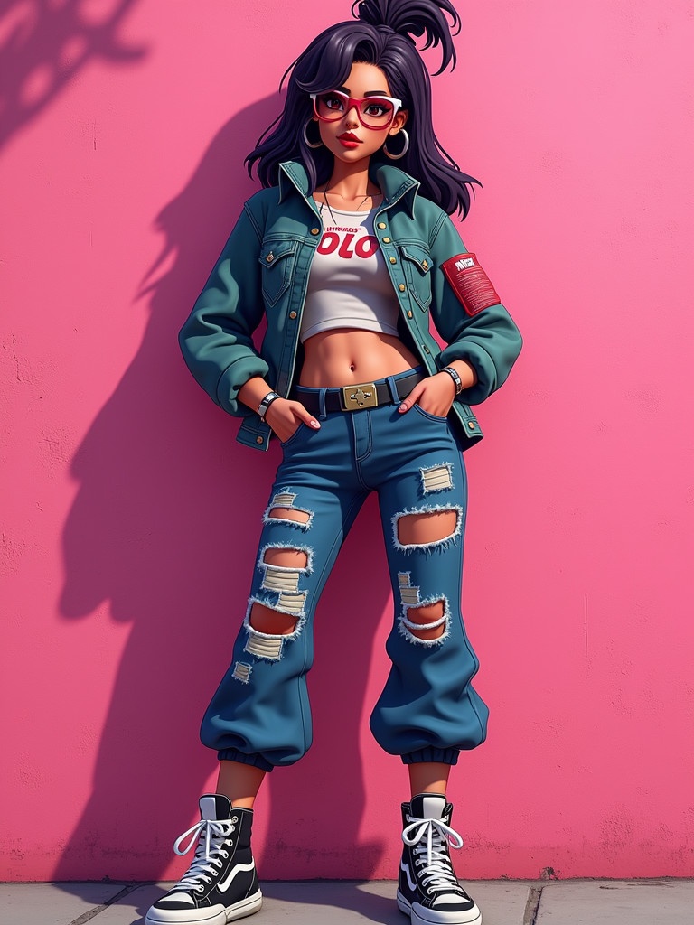 Stylized female character in casual and edgy outfit. Bright pink wall in background. Urban fashion with ripped jeans and trendy sneakers. Exudes confidence and vibrancy. Captures digital gaming culture and character design.