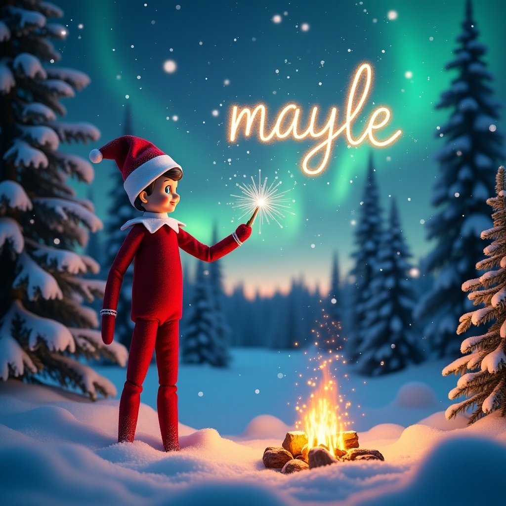 A traditional red elf on the shelf stands majestically in a snowy forest. Its magic wand twinkles as it writes 'maybe' in glittering letters across the night sky. The air is filled with delicate, sparkling snowflakes that dance around the elf. In the distance, the horizon glows with breathtaking northern lights in pink, purple, and turquoise. A small campfire crackles nearby, casting a warm, golden glow over the snow-covered trees.