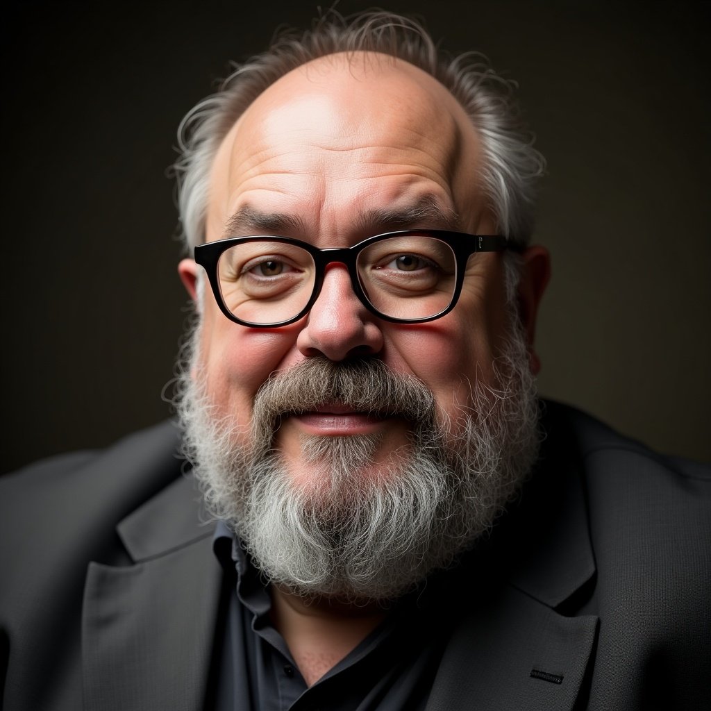 A 50 years old fat man with moustache and glasses is smiling in a portrait. The background is dark and the lighting is soft.