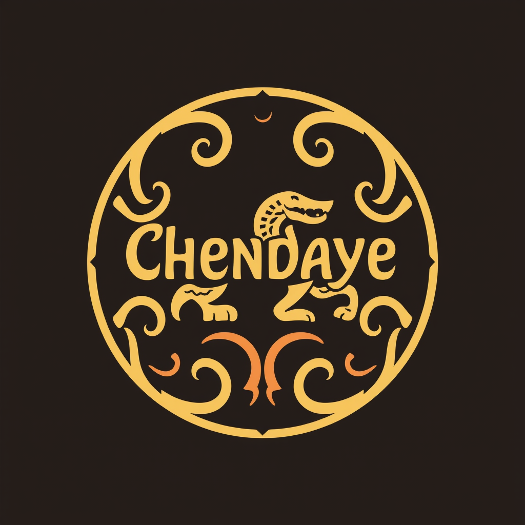 The image shows a circular emblem featuring the word 'Chendaye' surrounded by stylized crocodile and decorative elements on a dark background.