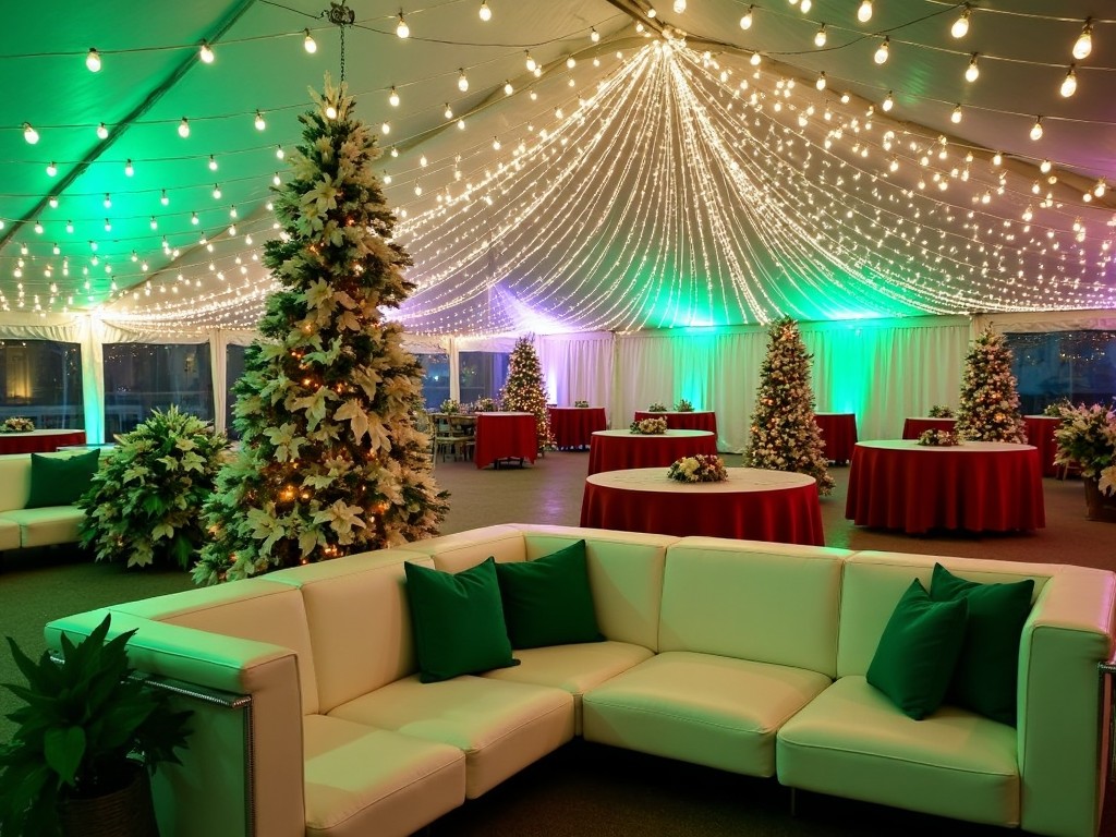 This image features a beautifully arranged festive tent decorated for a holiday event. It showcases multiple Christmas trees adorned with lights and ornaments, alongside elegantly set tables with red tablecloths. The ambient lighting creates a magical atmosphere, enhanced by delicate string lights hanging from the ceiling. A white sectional sofa adds a touch of modern comfort to the space. Vibrant green accents are present in the decorative pillows and plants, contributing to the festive feel of the gathering. Overall, it sets a perfect scene for a winter celebration or corporate holiday party.