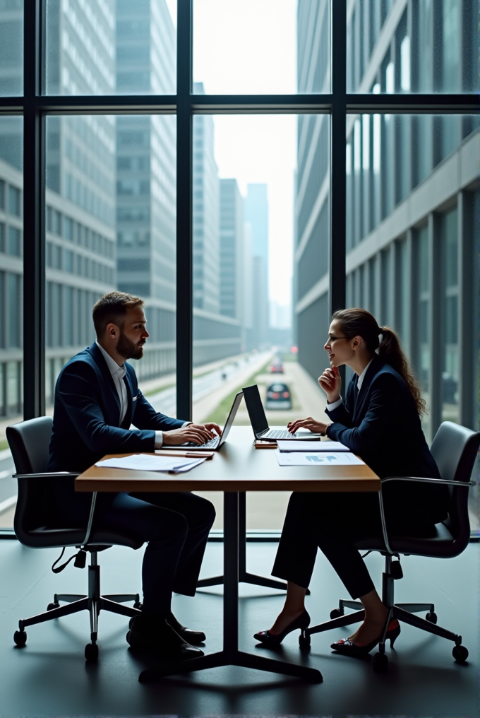 Two people in suits sit across from each other at a table in a modern office with large windows overlooking a city.