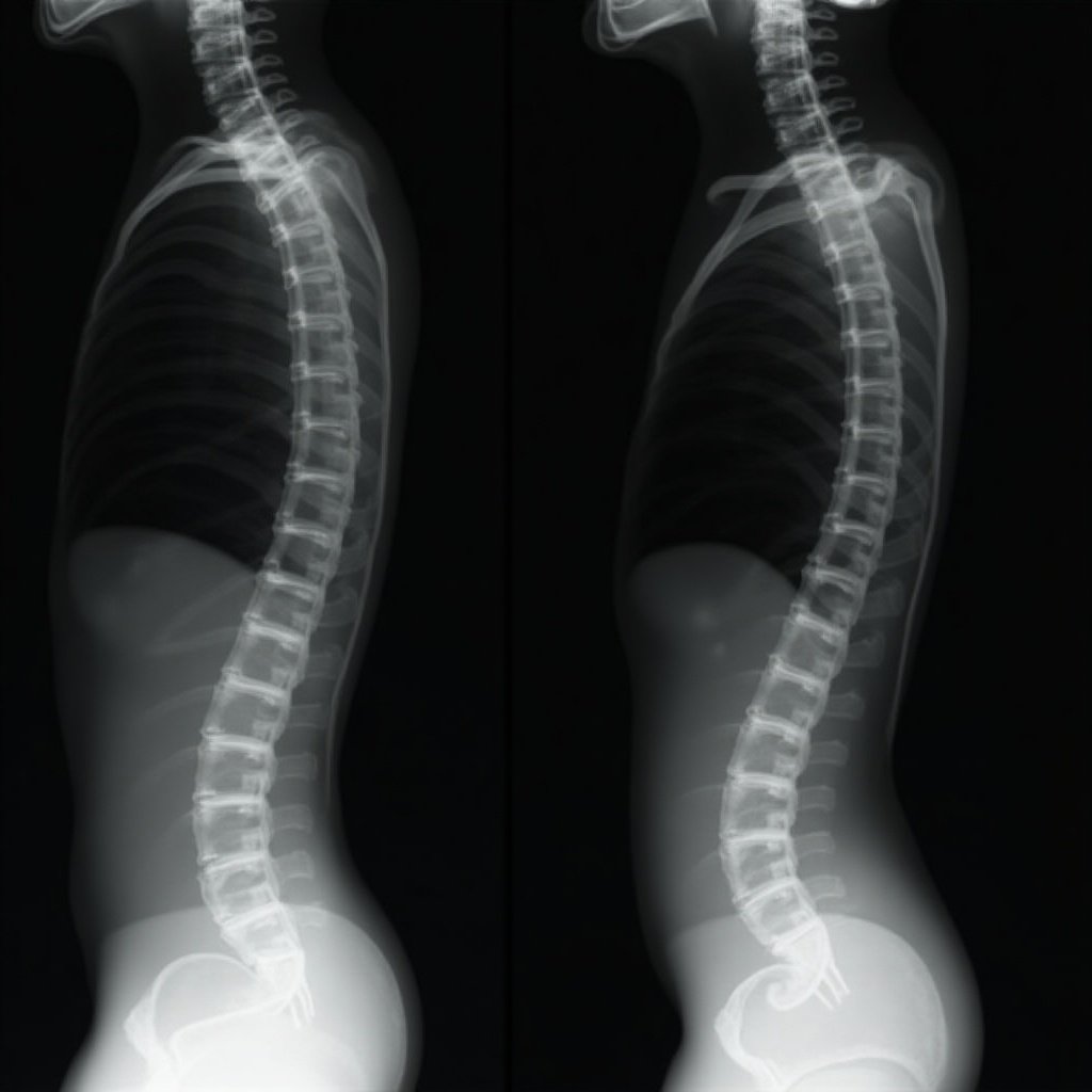 Anteroposterior and lateral lumbar spine X-rays display severe spinal stenosis.